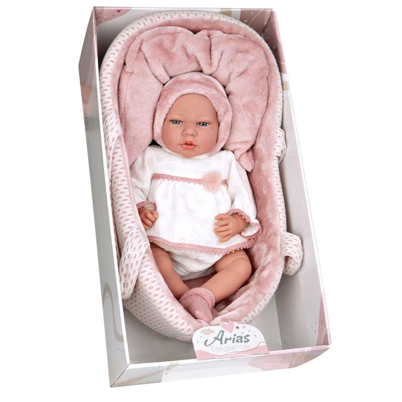 Păpușa plângătoare Lucia în coș roz și suzetă - 40 cm