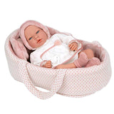Păpușa plângătoare Lucia în coș roz și suzetă - 40 cm