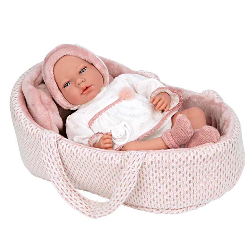 Păpușa plângătoare Lucia în coș roz și suzetă - 40 cm