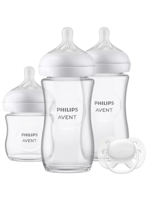 Set Philips Avent pentru bebeluși cu 3 biberoane din sticlă cu răspuns natural, tetine anti-scurgeri și suzetă