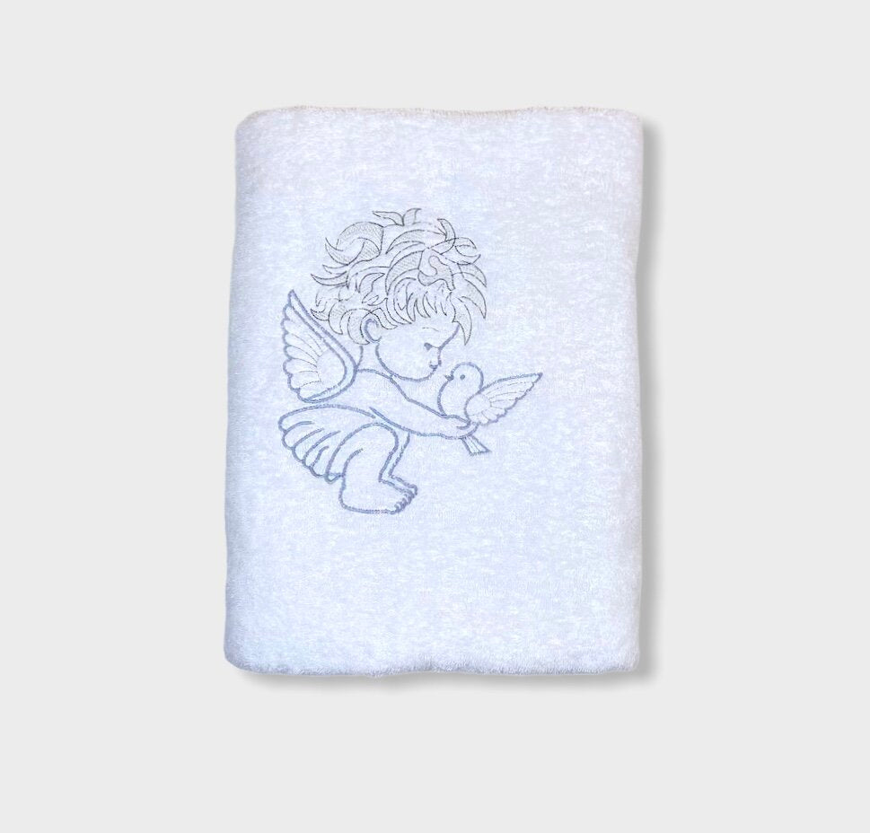 Prosop de botez Rainy Baby 125x125 cm Înger Alb