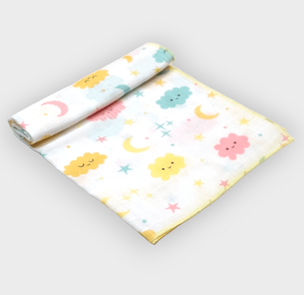 Scutec de muselină Rainy Baby 50x110 cm. Nori roz și stele