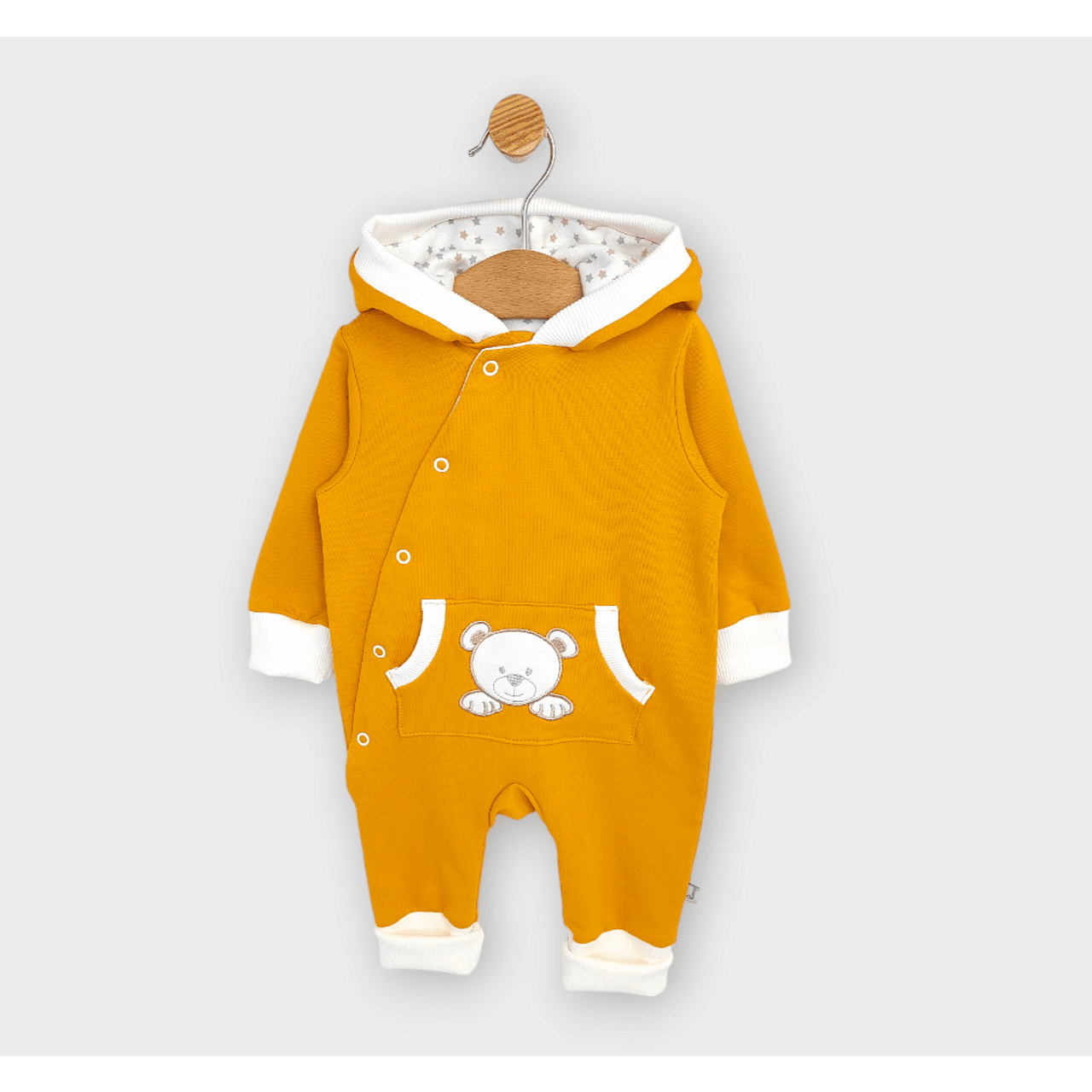 Salopetă Rainy Baby cu glugă, ursuleț de pluș cu lăbuțe 56 - 80 cm, muștar