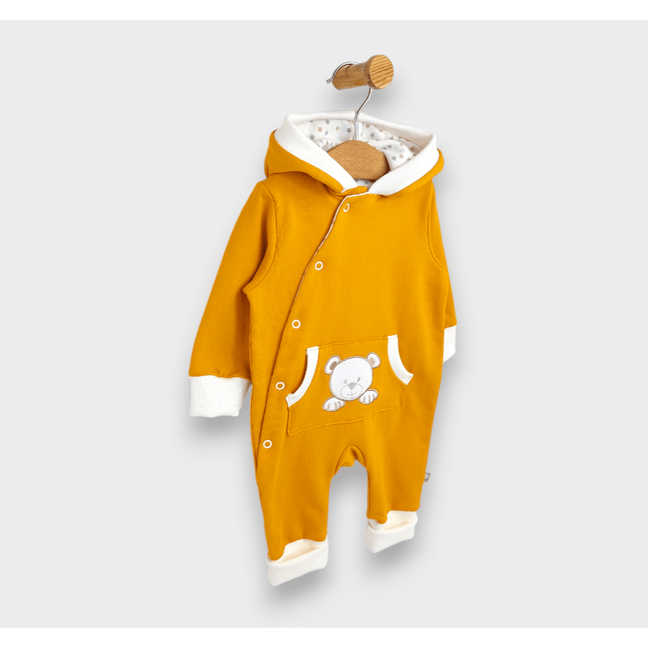 Salopetă Rainy Baby cu glugă, ursuleț de pluș cu lăbuțe 56 - 80 cm, muștar