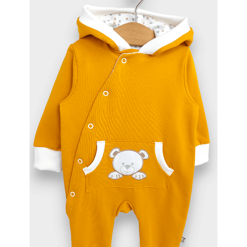 Salopetă Rainy Baby cu glugă, ursuleț de pluș cu lăbuțe 56 - 80 cm, muștar
