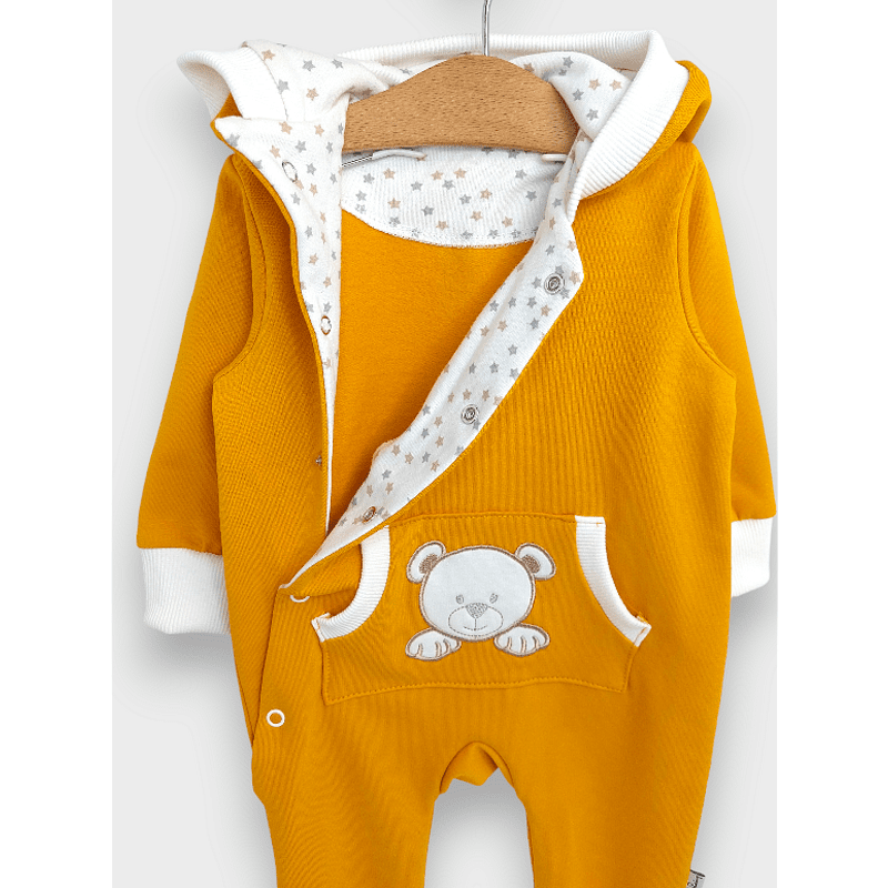 Salopetă Rainy Baby cu glugă, ursuleț de pluș cu lăbuțe 56 - 80 cm, muștar