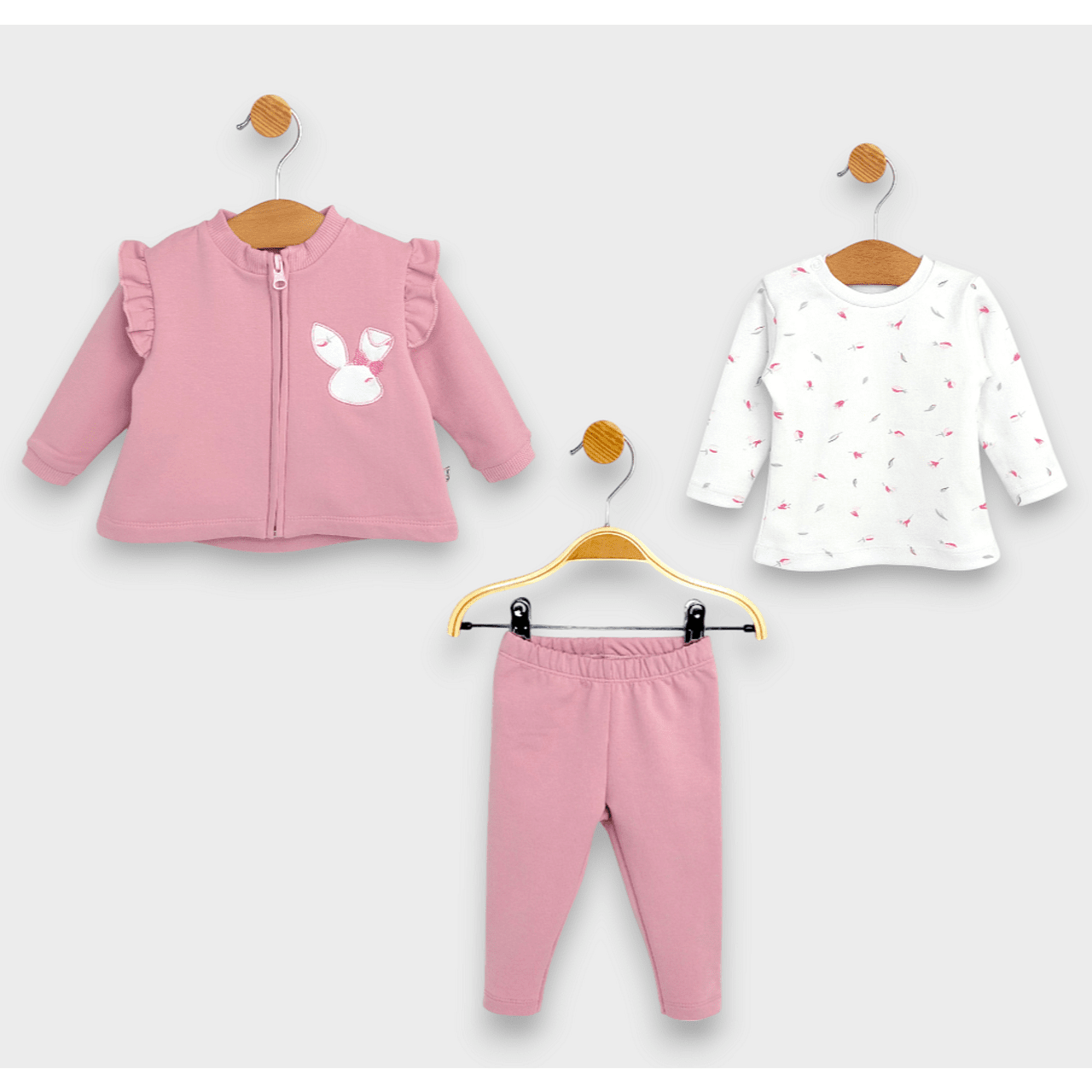 Rainy Бебешки Комплект От 3 Части Зайче 62-92 См. Пепел От Рози