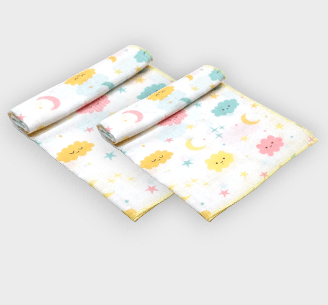 Scutece de muselină Rainy Baby, 2 buc. Nori roz și stele