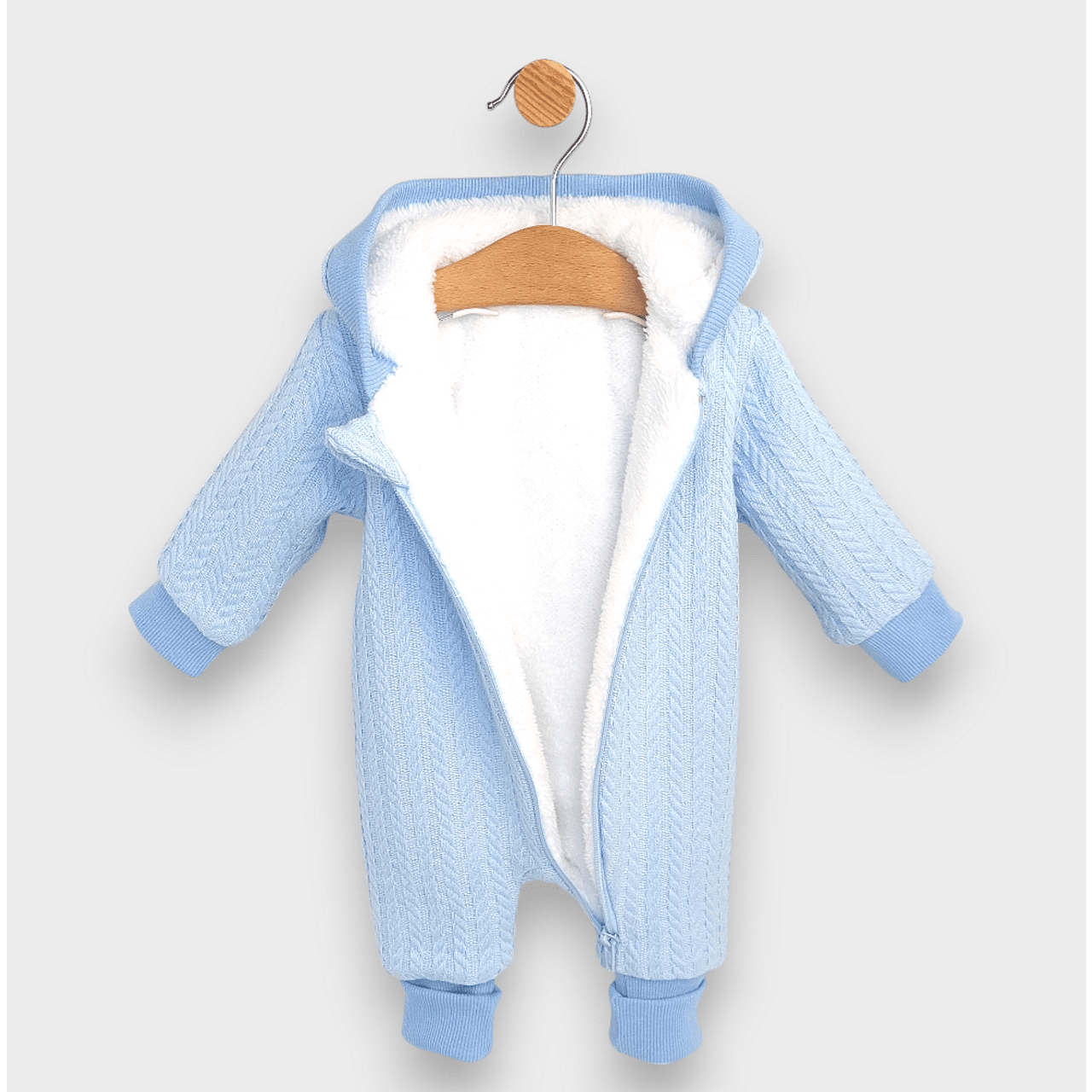 Salopetă tricotată Rainy Baby cu fermoar și glugă 56 - 80 cm. Albastră