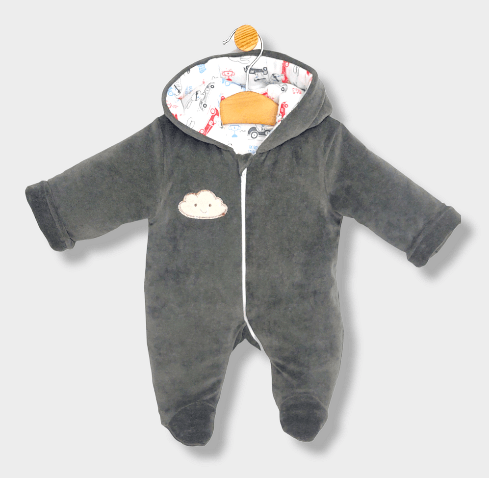 Rainy Бебешки Плюшен Зимен Гащеризон С Качулка Облачета Тъмносив