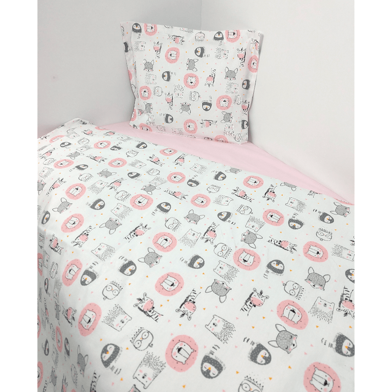 Set de lenjerie de pat pentru bebeluși Rainy, 3 piese, 60x120 cm, cu animale, roz