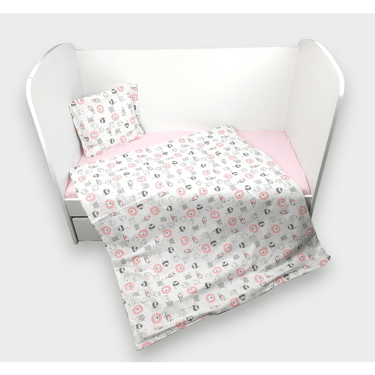 Set de lenjerie de pat pentru bebeluși Rainy, 3 piese, 60x120 cm, cu animale, roz