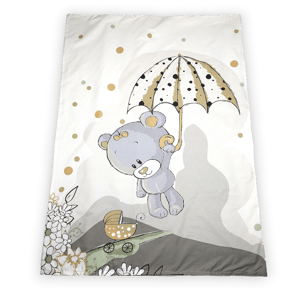 Set de lenjerie de pat pentru bebeluși Rainy, 5 piese, 60x120 cm. Ursuleț gri cu umbrelă