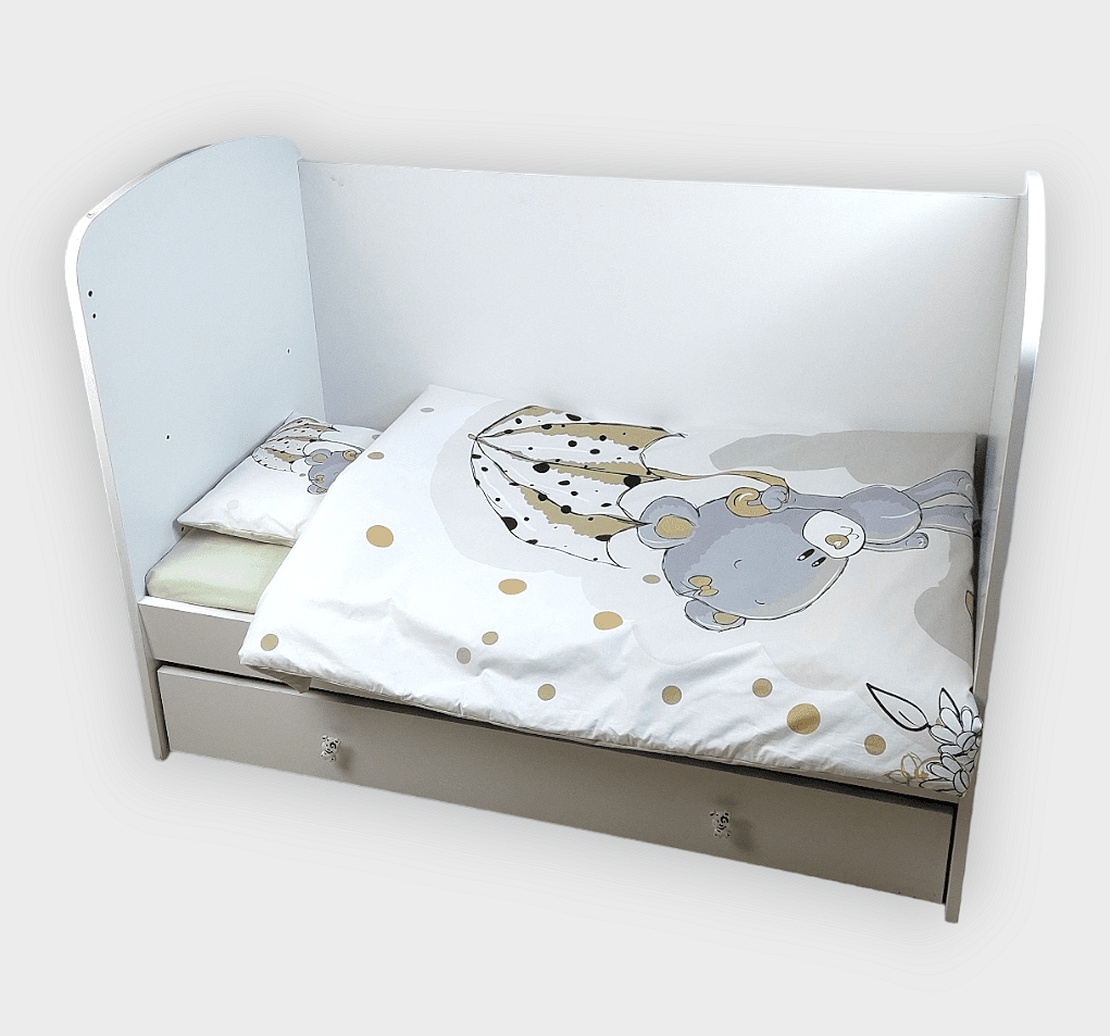 Set de lenjerie de pat pentru bebeluși Rainy, 5 piese, 60x120 cm. Ursuleț gri cu umbrelă