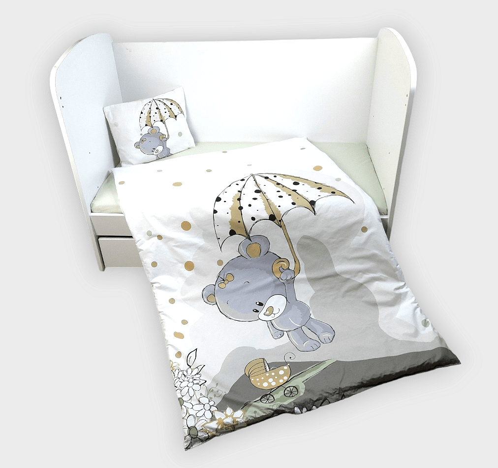 Set de lenjerie de pat pentru bebeluși Rainy, 5 piese, 60x120 cm. Ursuleț gri cu umbrelă