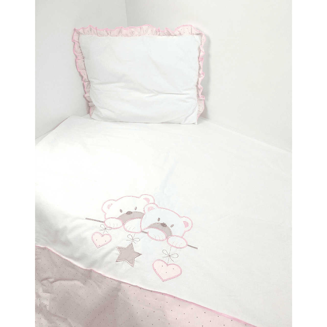 Set de lenjerie de pat Rainy Baby 4 piese 60x120 cm. Ursuleți stele roz