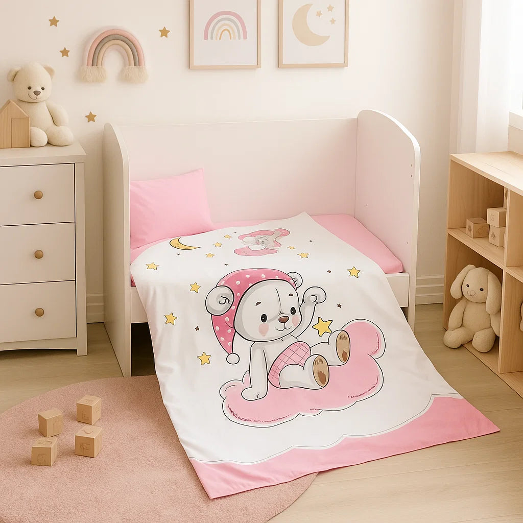 Бебешки Спален Комплект 5 Части 65х110 См. Розово Мече Rainy