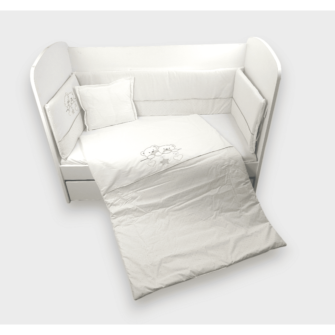 Set de lenjerie de pat Rainy Baby 5 piese cu protecție 60x120 cm. Ursuleți stele ecru