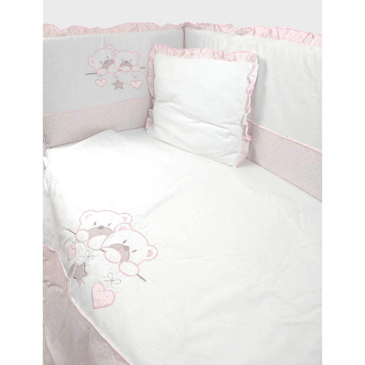 Set de lenjerie de pat pentru bebeluși Rainy, 5 piese, cu bară de protecție, 60x120 cm. Ursuleți stele roz