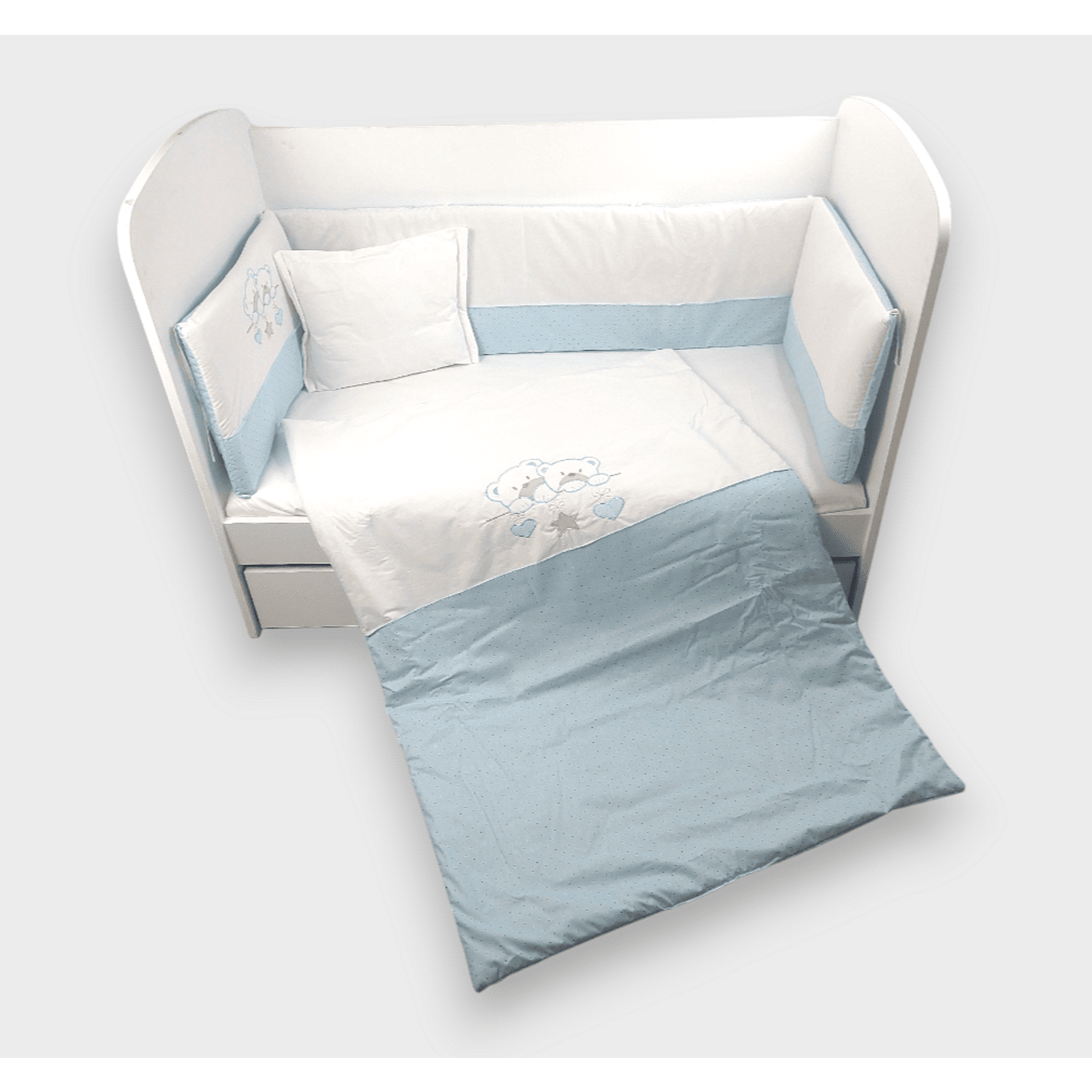 Set de lenjerie de pat pentru bebeluși Rainy, 5 piese, cu bară de protecție, 60x120 cm, model ursuleți stele, albastru