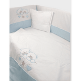 Set de lenjerie de pat pentru bebeluși Rainy, 5 piese, cu bară de protecție, 60x120 cm, model ursuleți stele, albastru