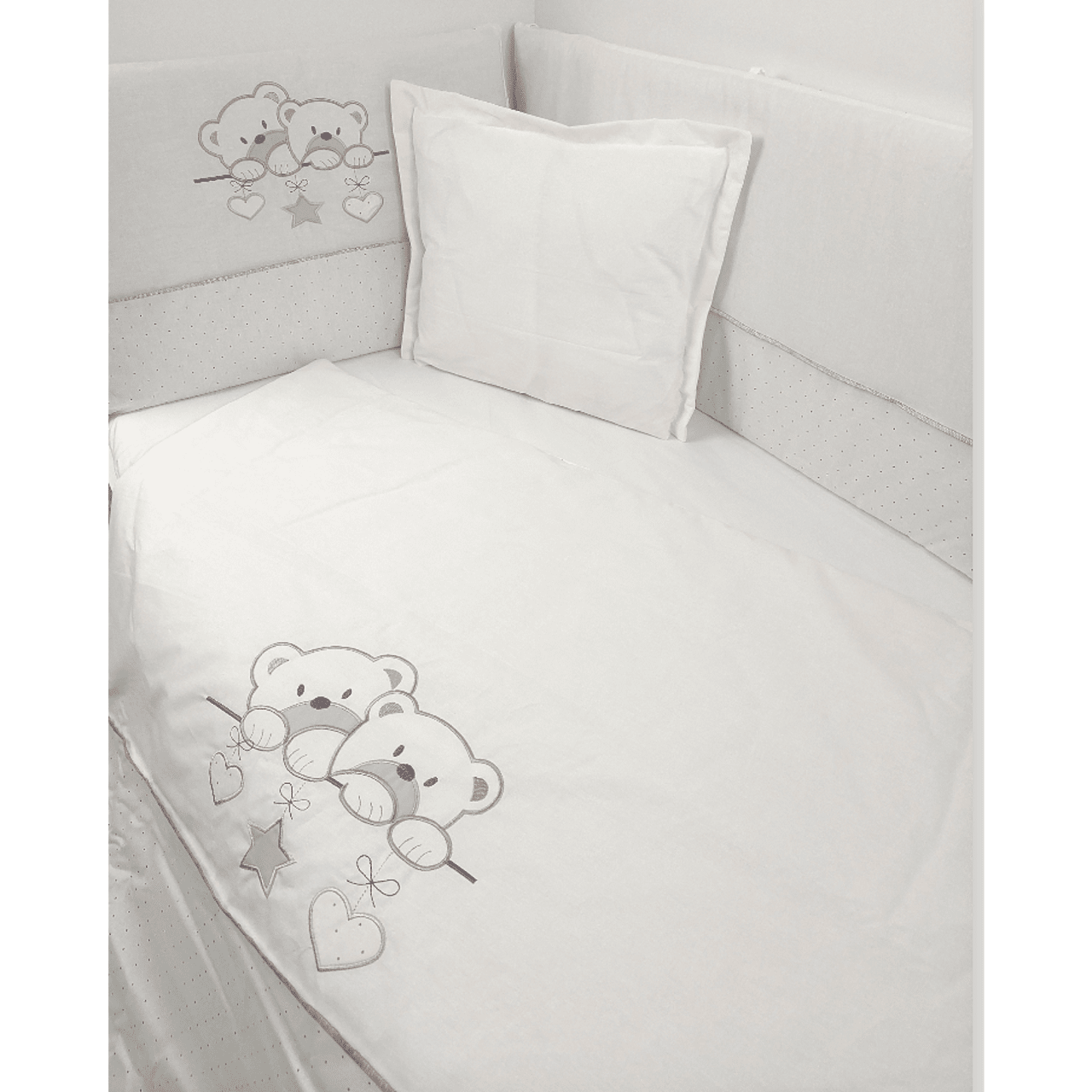 Set de lenjerie de pat Rainy Baby 5 piese cu protecție 70x140 cm. Ursuleți stele ecru