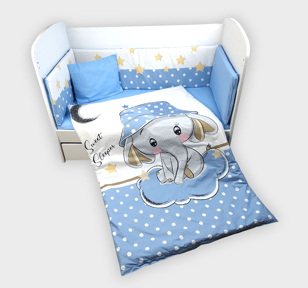 Rainy Бебешки Спален Комплект 6 Части 65Х110 См. Синьо Слонче