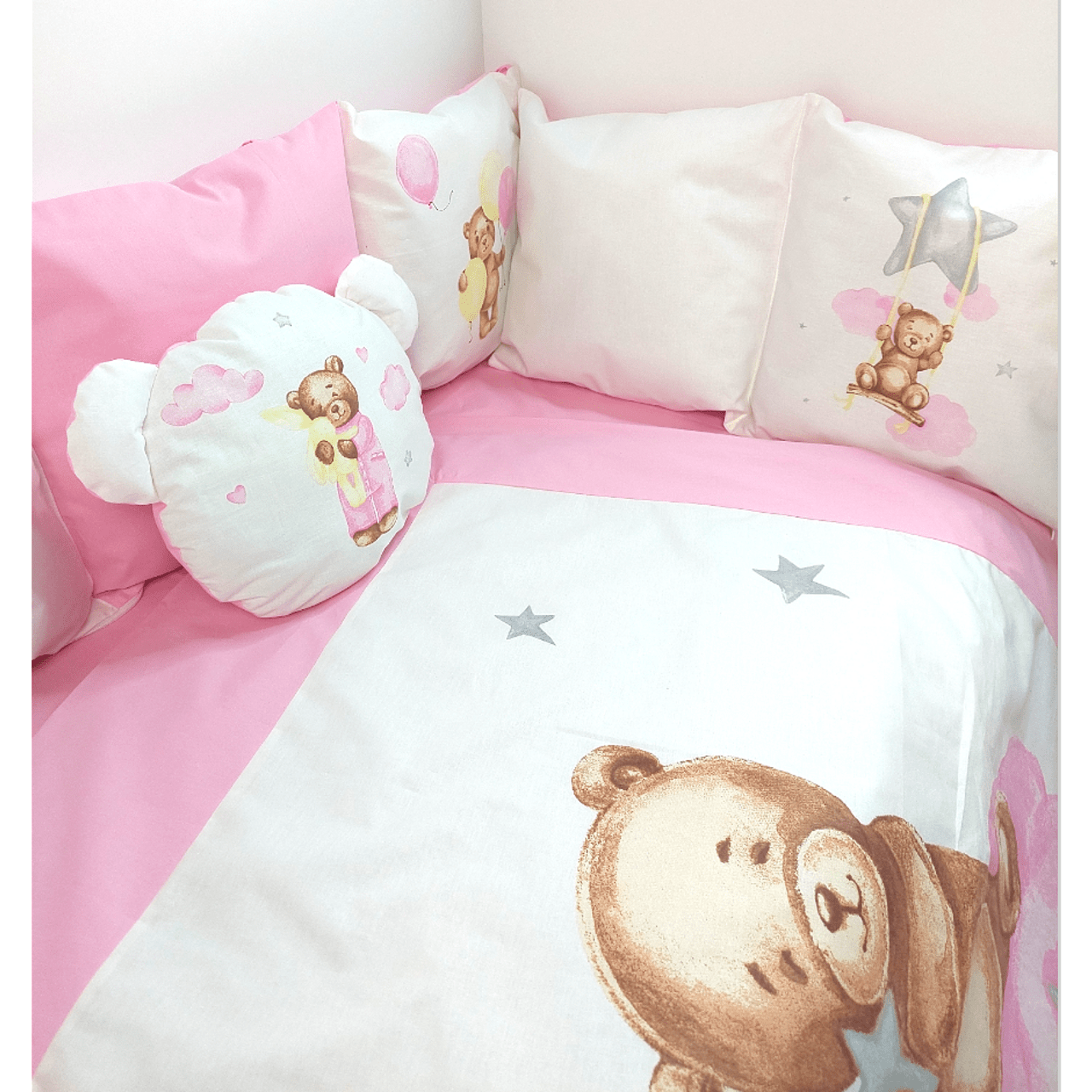 Set de lenjerie de pat Rainy Baby 7 piese, ursuleț, mărime universală, roz