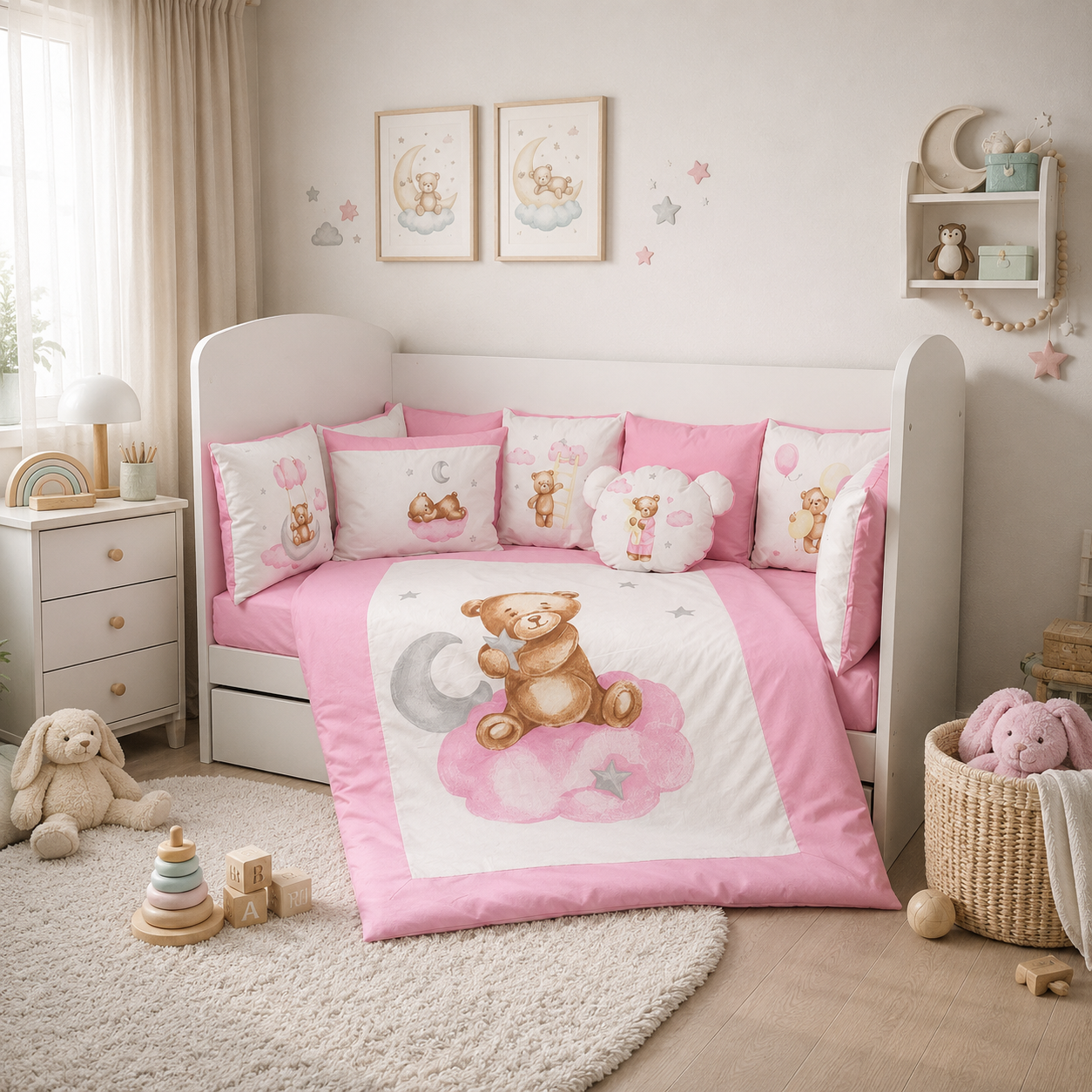Бебешки Спален Комплект 7 Части Baby Bear One Size Розов Rainy