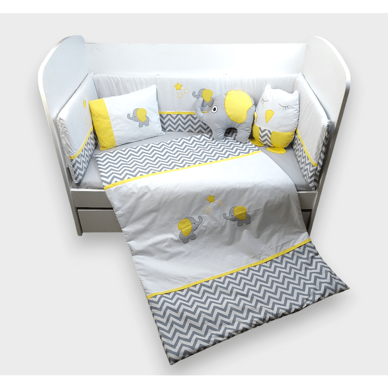 Set de lenjerie de pat Rainy Baby 7 piese cu bară de protecție 70x140 cm. Elefant și Bufniță