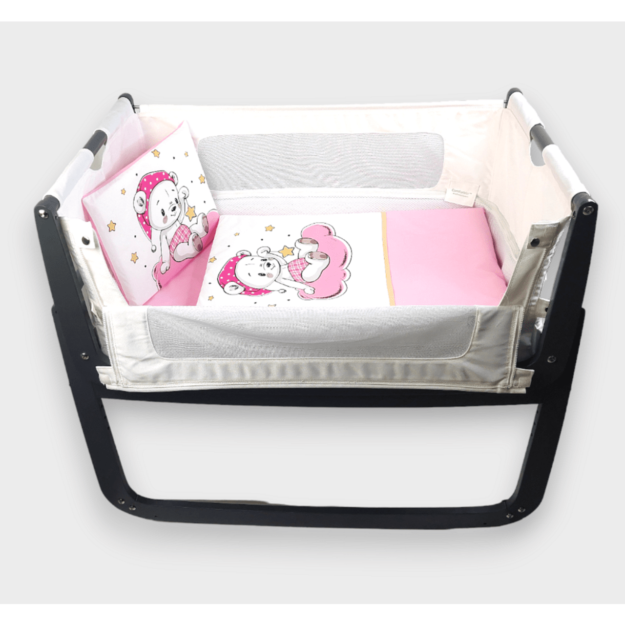 Set de lenjerie de pat Rainy pentru pătuț și leagăn mini, ursuleț de pluș roz