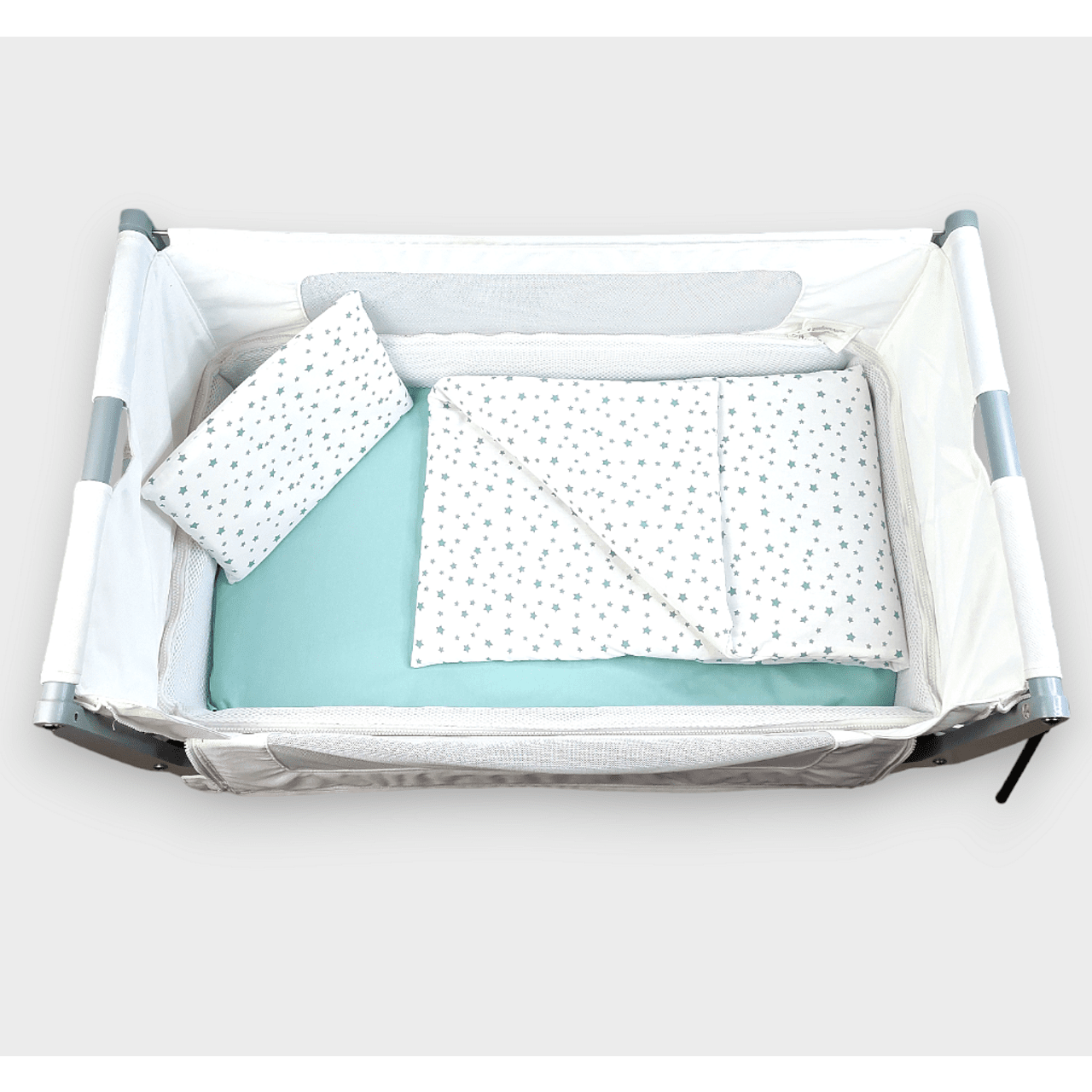 Rainy Бебешки Спален Комплект За Мини Кошара Мента Звезди
