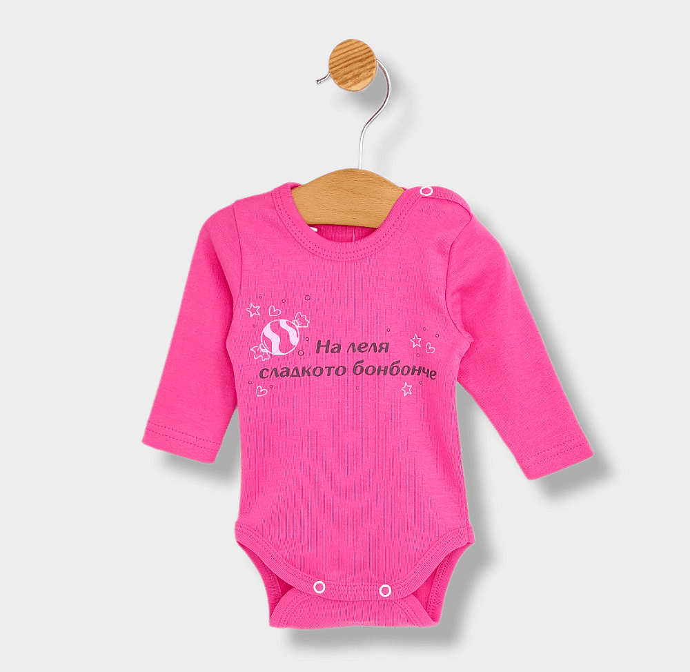 Body Rainy Baby cu mâneci lungi 48-86cm. Bomboane dulci de la mătușa cu imprimeu ciclam.