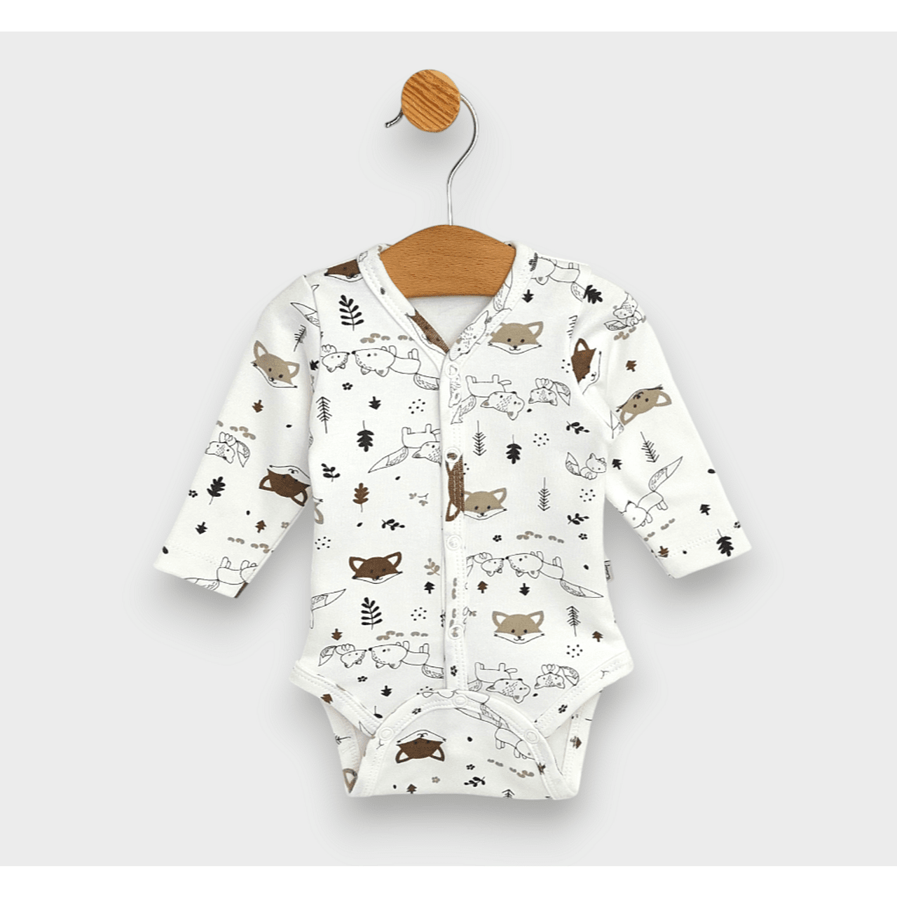Body pentru bebeluși cu mâneci lungi și închidere frontală, model Rainy Baby, 48 - 68 cm. Vulpi