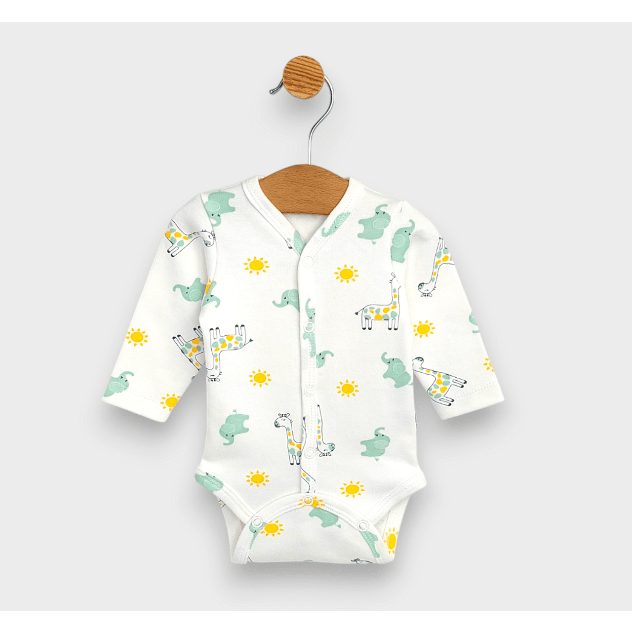 Body de ploaie pentru bebeluși cu mânecă lungă și închidere frontală 48 - 68 cm. Girafă și elefant