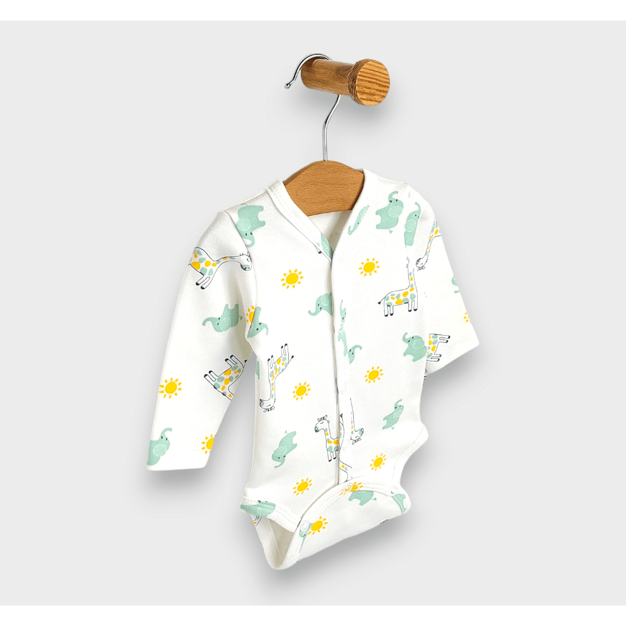 Body de ploaie pentru bebeluși cu mânecă lungă și închidere frontală 48 - 68 cm. Girafă și elefant