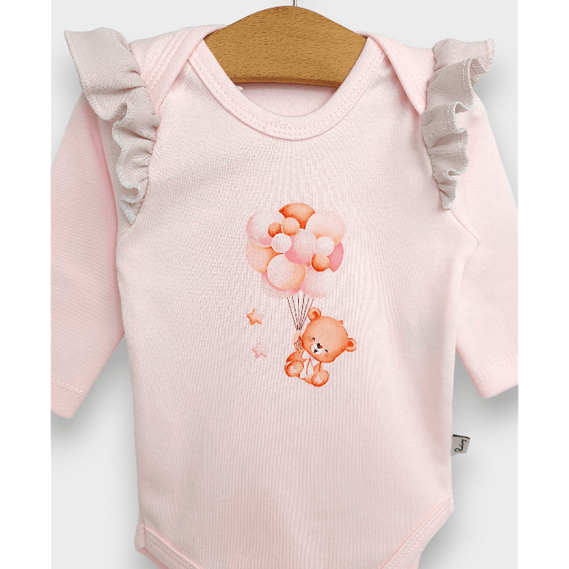 Body pentru bebeluși cu mâneci lungi, ursuleț de pluș și baloane, roz, 48 - 62 cm.