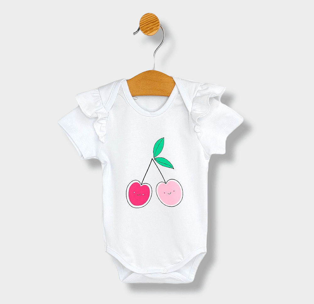 Rainy Бебешко Боди С Къс Ръкав И Харбалички 62 - 74См. Черешки Бял