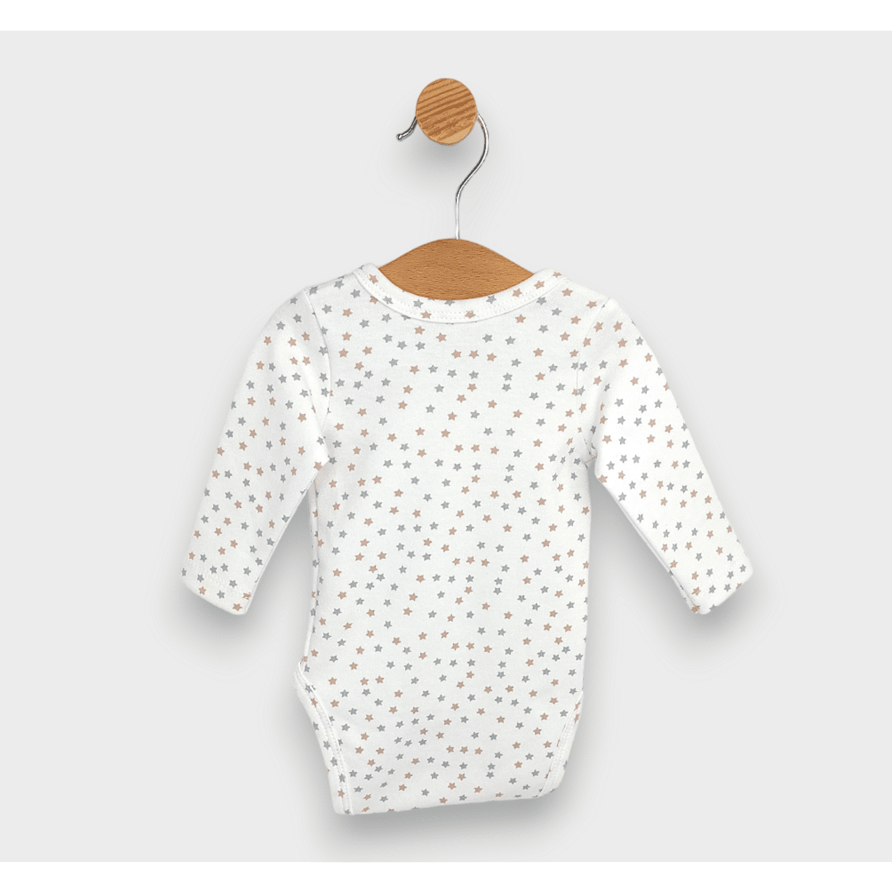 Body de ploaie pentru bebeluși cu închidere laterală, gri și stele bej, 48 - 68 cm.