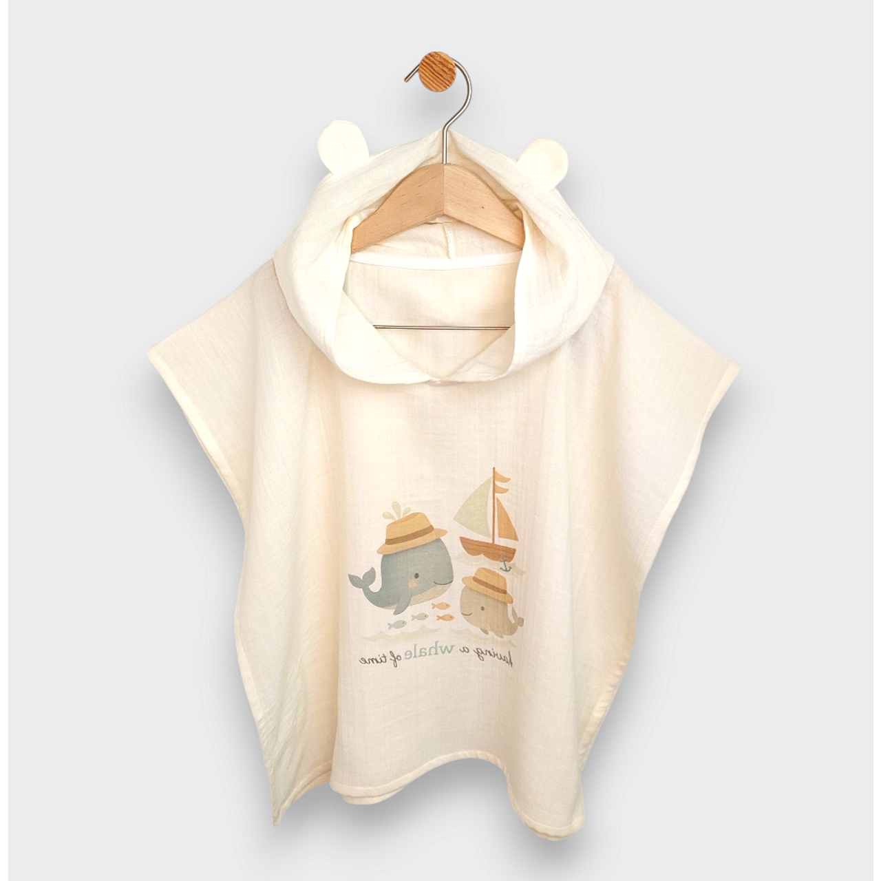 Бебешко Муселиново Пончо С Качулка Whales Beige Rainy