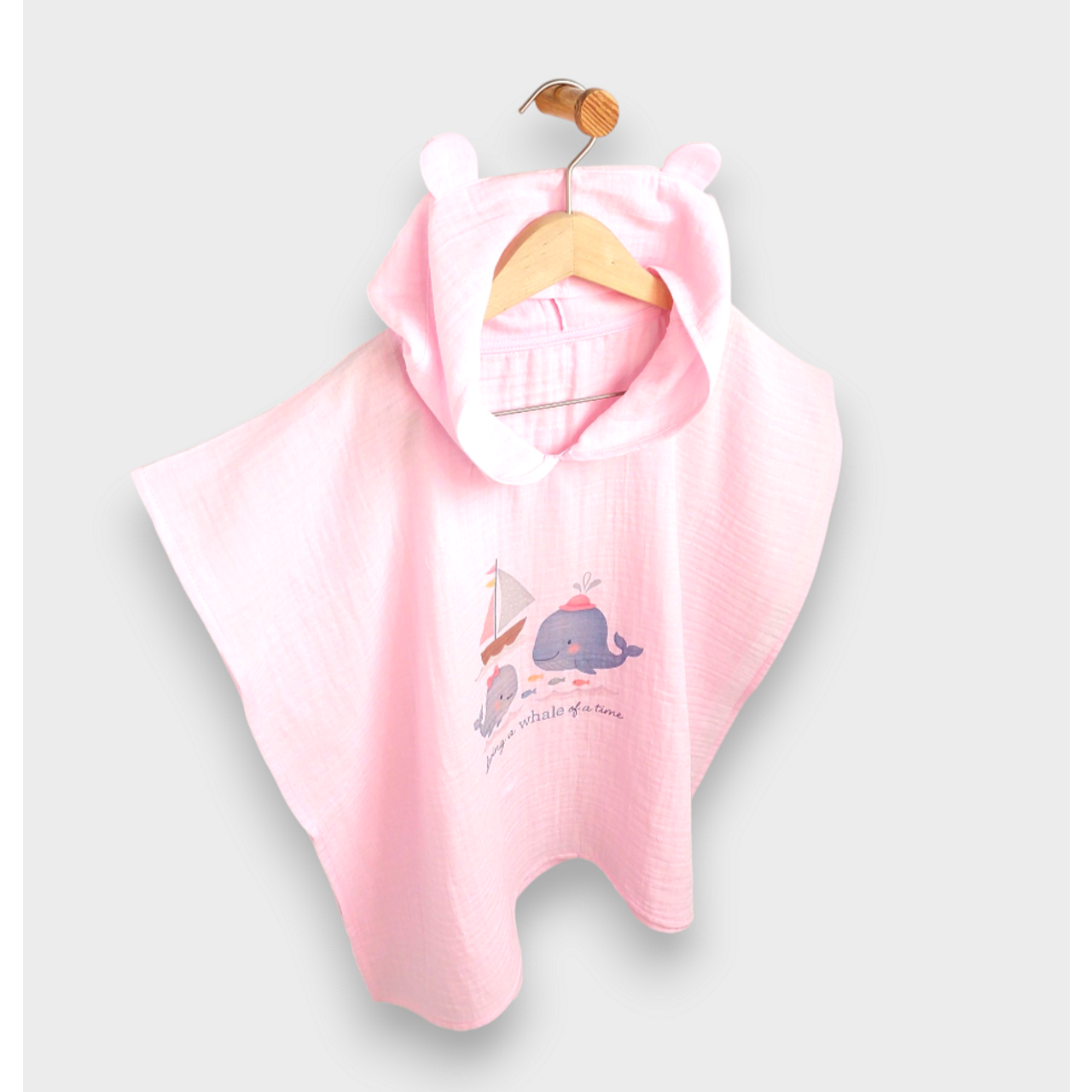 Бебешко Муселиново Пончо С Качулка Whales Pink Rainy