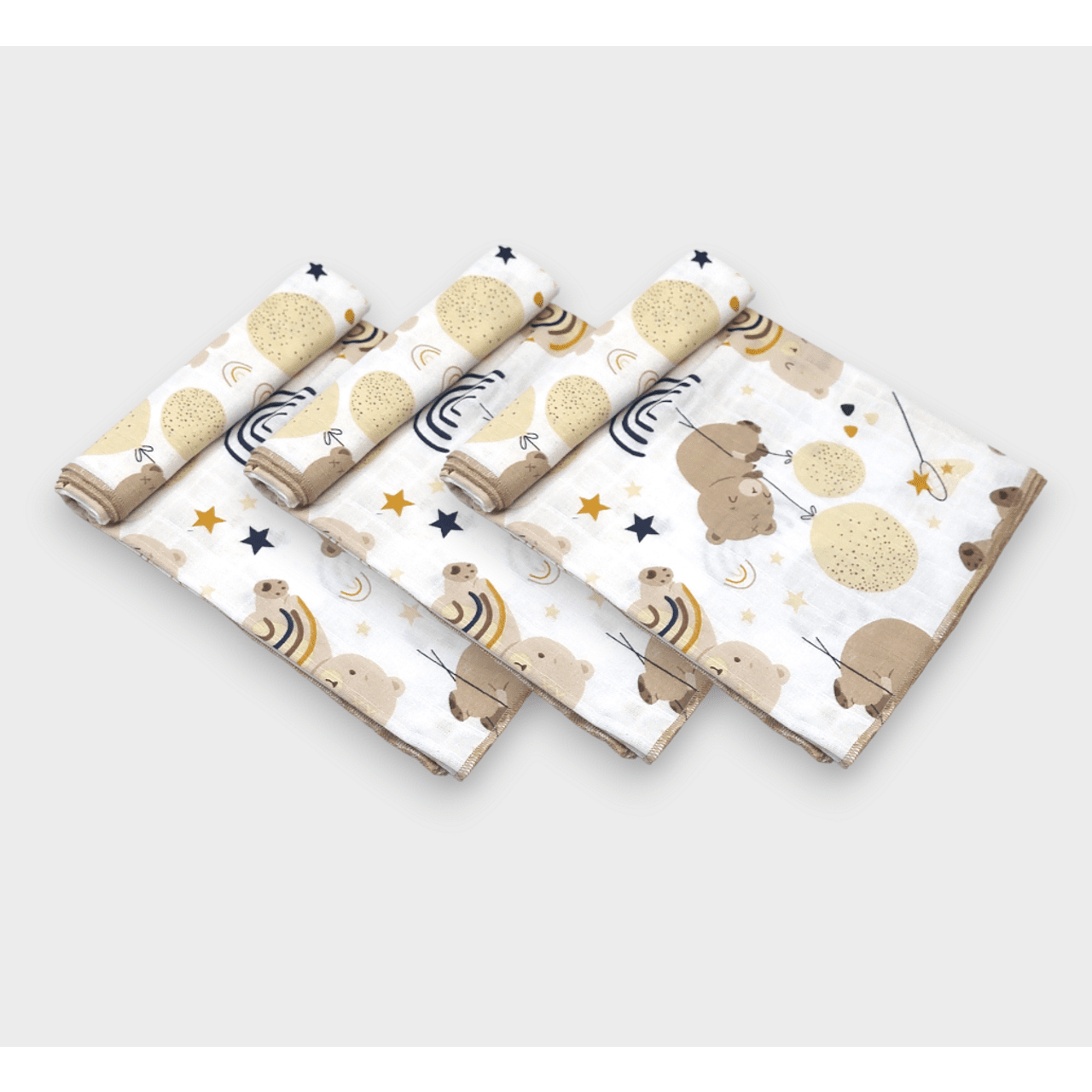 Set de prosoape de muselină pentru bebeluși, model Rainy, 3 buc., 30x30 cm. Ursuleț de pluș cu baloane