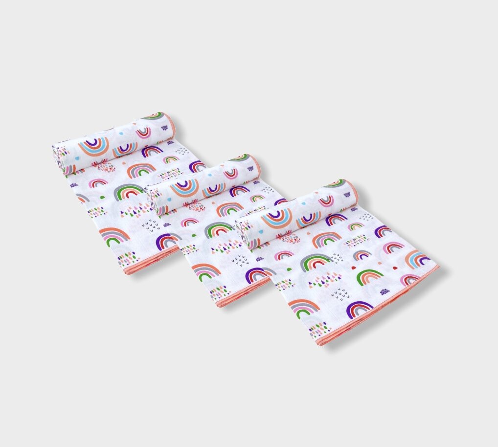 Set de prosoape de muselină pentru bebeluși, model ploaie, 3 buc., 30x30 cm. Curcubee colorate