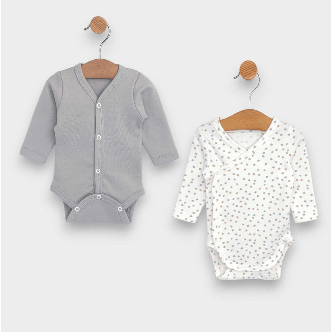 Rainy Комплект Бодита 2 Броя 56 - 68См. Сиви И Бежови Звезди / Топло Какао