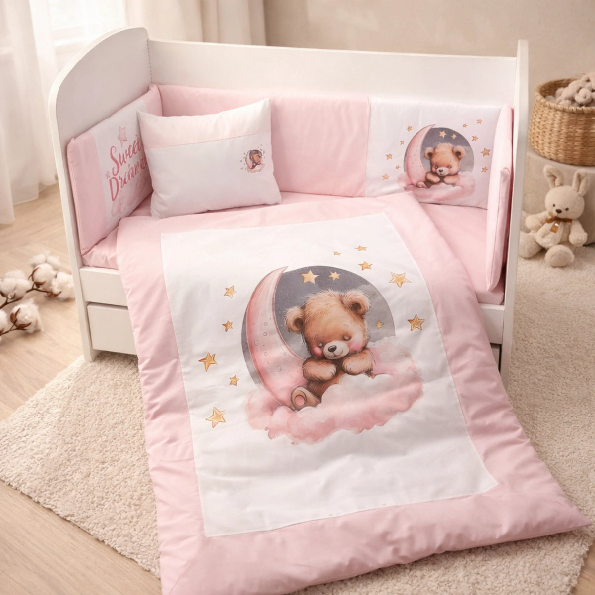 Обиколник За Бебешка Кошара 60х120 См. Лунно Мече Розов Rainy