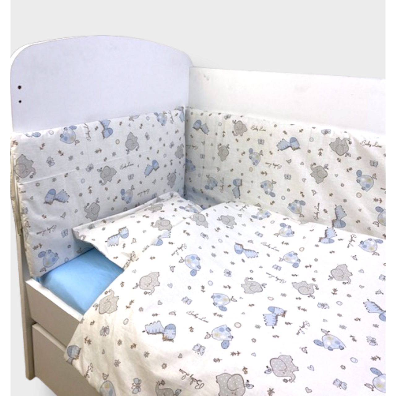 Обиколник За Бебешка Кошара 60х120 См. Сини Зебри И Слончета Rainy