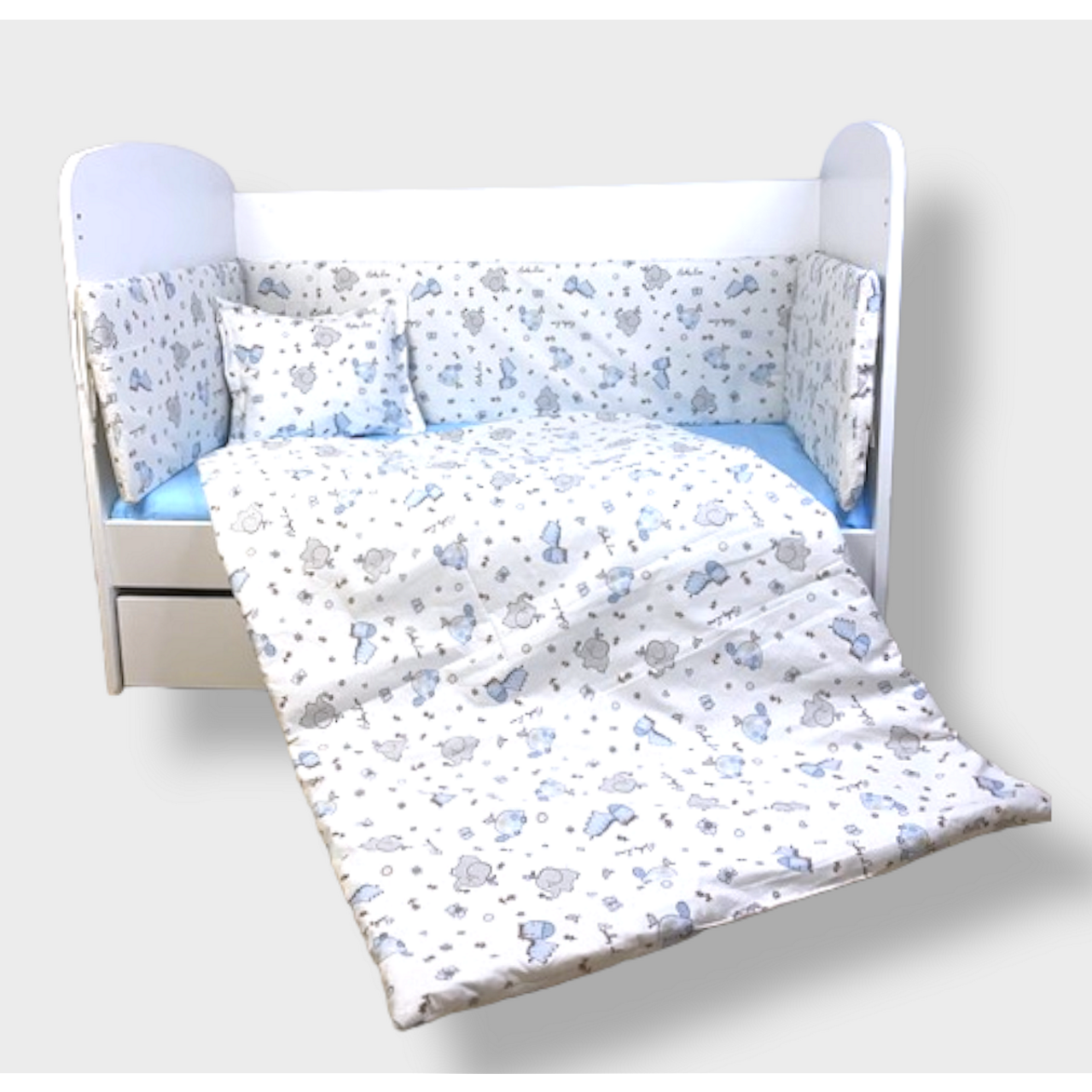 Обиколник За Бебешка Кошара 60х120 См. Сини Зебри И Слончета Rainy