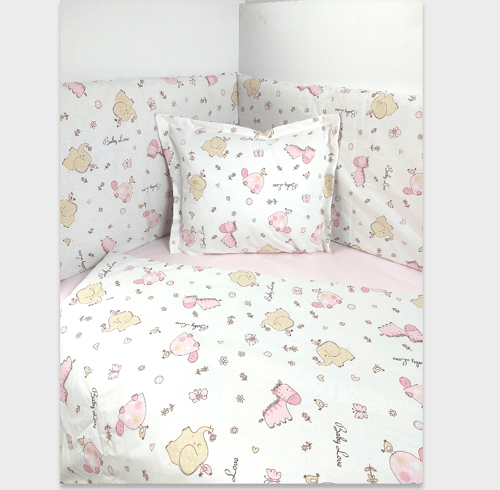 Обиколник За Бебешка Кошара 60х120 См. Розови Зебри И Слончета Rainy