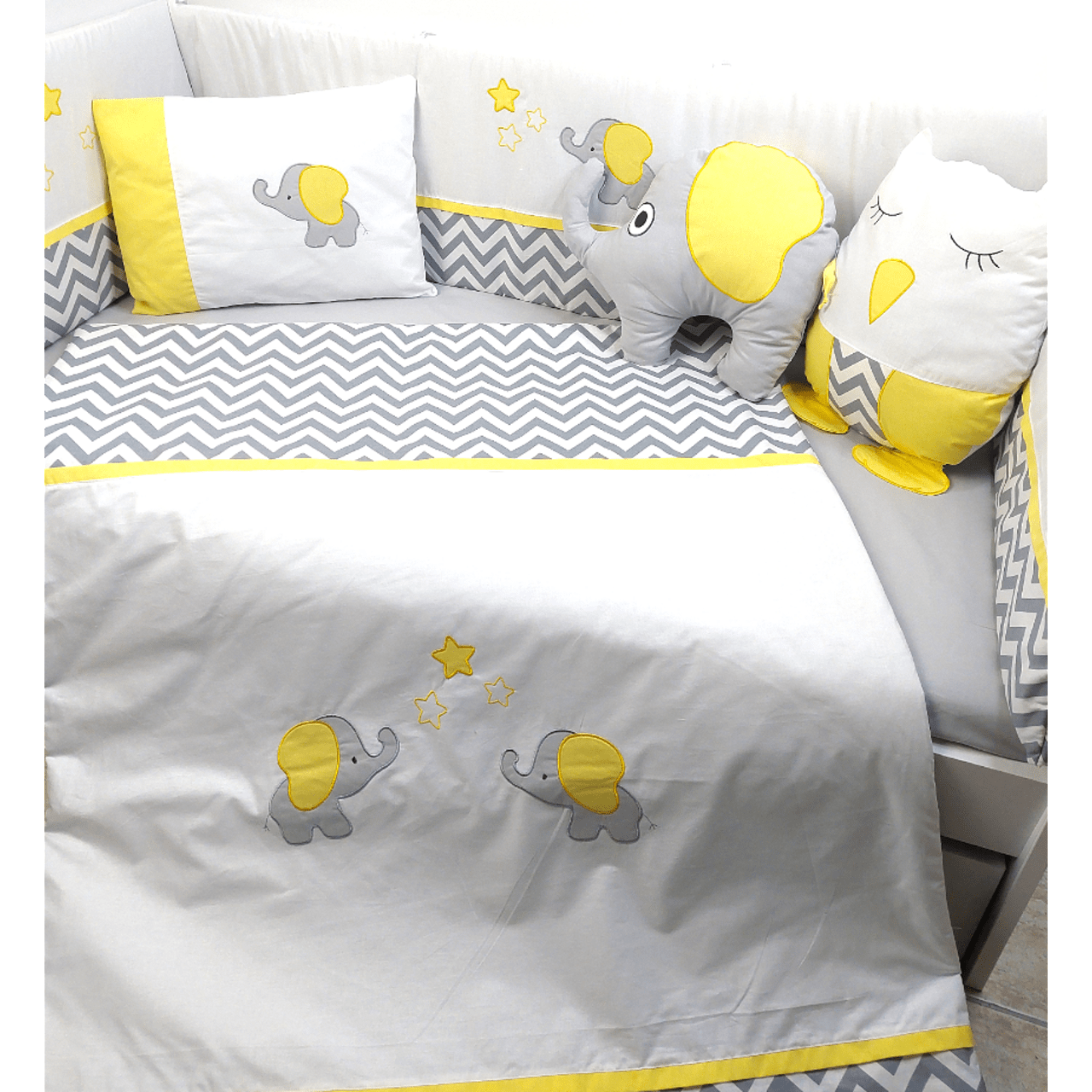 Protecție pentru pătuț Rainy Baby 70x140 cm. Elefant și bufniță