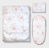 Set de lenjerie de pat pentru cărucior Rainy, 5 piese, model de păpădii roz de lux, vară